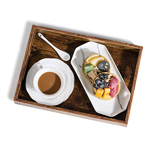 Hanobe Brown Decorative Serving Trays: Rustic Brown Rectangle Tray Decor with Cutout Handles for Coffee Table Ottoman Living Room Kitchen Home Decor, Large - size: 15.8" x 11.8" x 2"