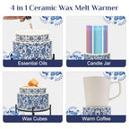 NAFANG Blue & White Porcelain Pattern Wax Melt Warmer,Ceramic 3-in-1 Electric Candle Wax Warmer for Scented Wax Melter Oil Burner for Home Office Bedroom Gift & Decor (with KD Iron Shelf)