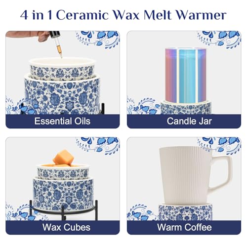 NAFANG Blue & White Porcelain Pattern Wax Melt Warmer,Ceramic 3-in-1 Electric Candle Wax Warmer for Scented Wax Melter Oil Burner for Home Office Bedroom Gift & Decor (with KD Iron Shelf)