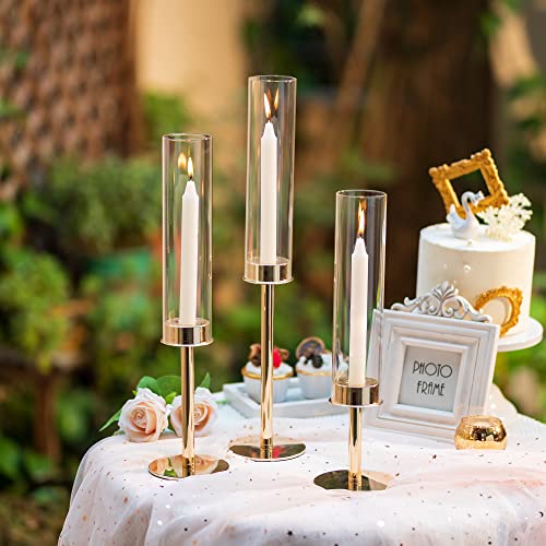 Hurricane Taper Candle Holders: Gold Glass Candlestick Holder Tall Candle Sticks Holder Decor with Glass Cover for Wedding Table Centerpiece Party Birthday Christmas Home Mantel Set of 3 - color: Gold, size: 1 Set(3 Pcs)