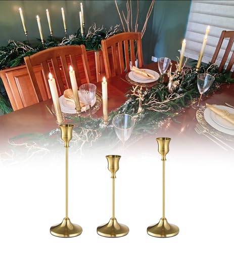 Elegant Metal Taper Candle Holders, Set of 3, Gold Finish, Different Heights. Modern Decorative Centerpiece for Table, Mantel, Wedding, Housewarming Gift, Holiday and Special Occasions