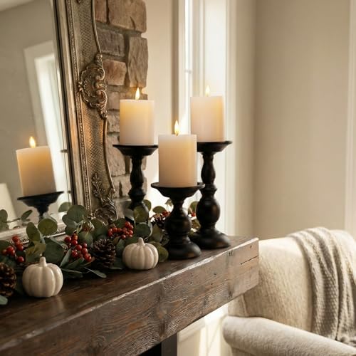 Black Pillar Candle Holders Set of 3, Vintage Candle Holder for Table Centerpiece & Fireplace Decor, Decorative Antique Candle Stand for Dining & Living Room Decoration