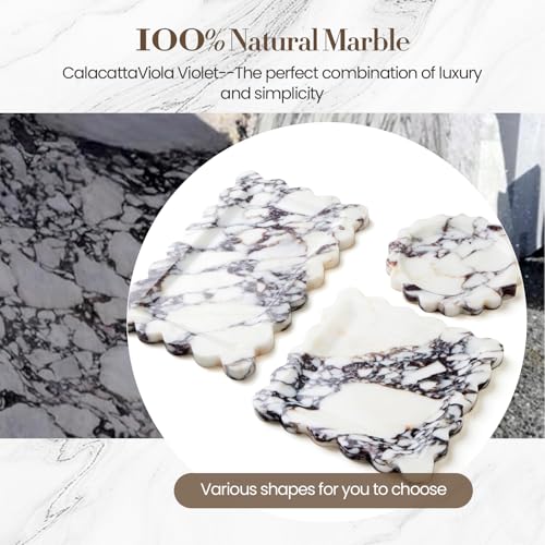 SAMAH Calacatta Viola Natural Marble Tray, Scalloped Bathroom Tray, Luxury Decorative Trays for Bathroom, Vanity, Dresser, Kitchen & Home Decor, Valentine's Day House Warming Gifts New Home(Round) - size: 6.3"