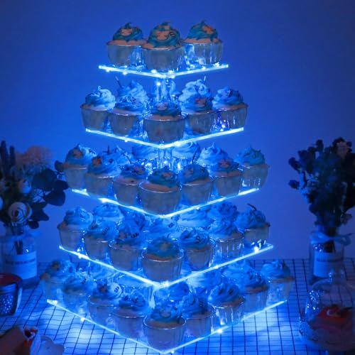 YestBuy 5 Tier Cupcake Stand Acrylic Cupcake Tower Display with LED Light Premium Cupcake Holder Dessert Tree Tower for Birthday Cady Bar Party Décor Weddings, Birthday Parties Events (Blue Light) - color: Blue, size: 5 tier