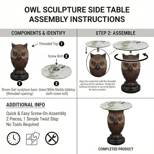 Owl Side Table, Round End Table with Faux Marble Top, Resin Owl Statue Base, Unique Animal Accent Table for Living Room, Bedroom, Nursery, Rustic Brown 22.83“ Tall 17.17" Height - style: OWL Table