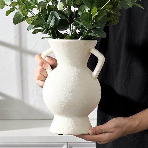 LUKA Antique Ceramic Vase with 2 Handle,9.25 inches Rustic Vase Minimalist Decor, Decorative Vases for Home Decor, Table, Living Room, Shelf, Christmas Decoration(Large,White) - color: L-white(9.25 In)