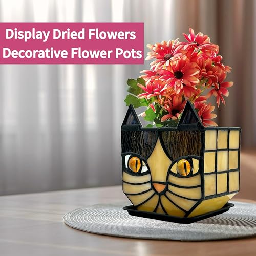 Yellow Cat Plant Pot with Drainage,Cute Planters for Indoor Plants,Stained Glass Cat Flower Pots,Fun Candle Holder Glass Container,Gifts for Gardeners Woman - color: Black-yellow