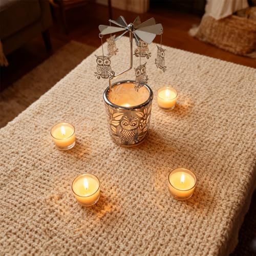 Carousel totary Candle Holder Spinning irthday Gifts for Women, Mom, Wife, Girlfriend, Sister, Her, Metal Windmill Tea Light for Female Friends (Silver owl) - color: Silver Owl