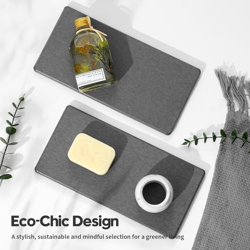 2PCS 10"x 5" Large Bathroom Sink Vanity Trays, Water Absorbing Diatomite Stone Quick Drying Mat for Kitchen Counter, Dish Rack Dispensers Sponge Holder Caddy Organizer, Dark Gray, - color: 2 Pack - Charcoal Gray, size: 10" x 5"