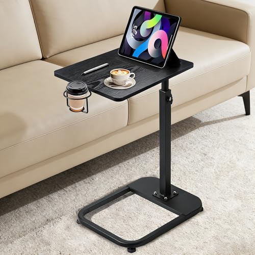facka Multi-Functional C-Shaped End Table for Couch & Bed, Adjustable Height TV Tray, Stable Laptop Desk, Space-Saving Snack Side Table with Rounded Metal Corners - color: Black