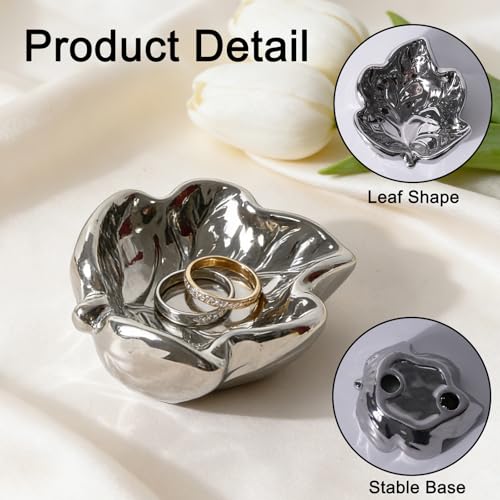 Jewelry Tray, Ceramic Leaves Jewelry Dish, Ring Holder Dish, Small Trinket Tray, Washable Key Bowl (1, Silvery) - color: Silvery