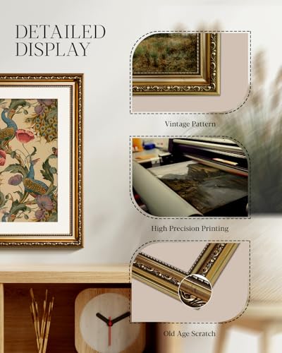 Golden Framed Canvas Wall Art Vintage Peacock, Classic Vine With Poppies Floral Canvas Print Wall Decor, Bird Art Print Wall Hanging 16x20 inch, for Bedroom Bathroom Living Room Decor - color: Peacock, size: 20"L x 16"W