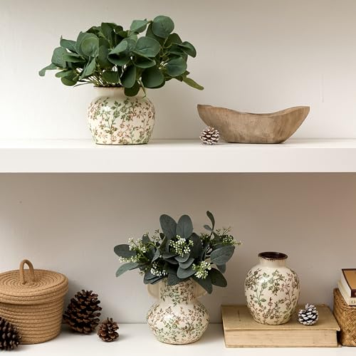SIDUCAL Ceramic Green and Beige Vase with Wide Mouth Lace, 4.84 Inch Cracked Chinoiserie Rustic Farmhouse Vases, Pastoral Retro Vase for Home Decor, Table, Living Room, Bathroom, Shelf, Wedding - color: 18967-green and Beige