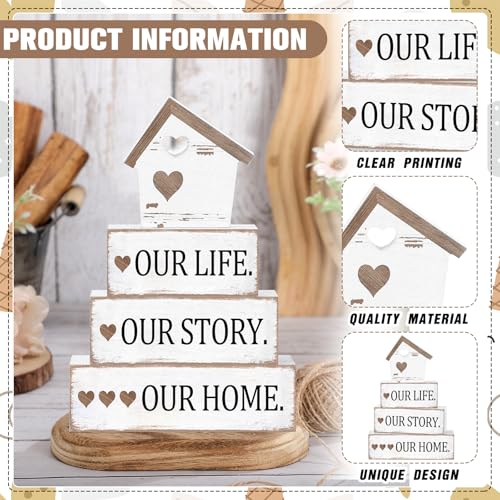 Cinnvoice 4 Pcs Farmhouse Tabletop Decor Rustic Family Blessed Home Table Centerpiece This Is Us Sign for Kitchen Shelf Desk Fireplace Mantel Tiered Tray Decor(Distressed Our Life Story Home) - style: Distressed Our Life Story Home