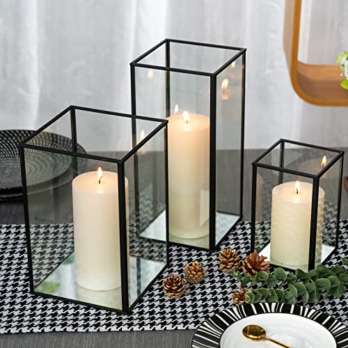 yshengood Large Glass Hurricane Candle Holder Set of 3 PCS, Black Frame and Glass Hurricane Candleholders - size: 3-Piece Set (3 Large)