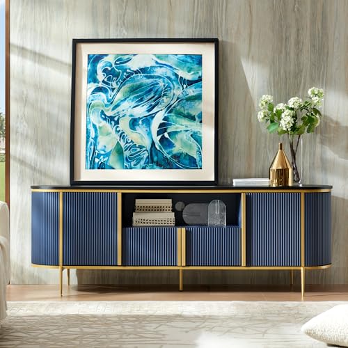 OKD Luxury 70" Fluted TV Stand, Modern Chic Entertainment Center for TVs Up to 80 inches, TV Console with Faux Marble Top, Curved Profile Design, Media Console for Living Room, Navy Blue - color: Navy Blue, size: 70" TV Stand without Fireplace