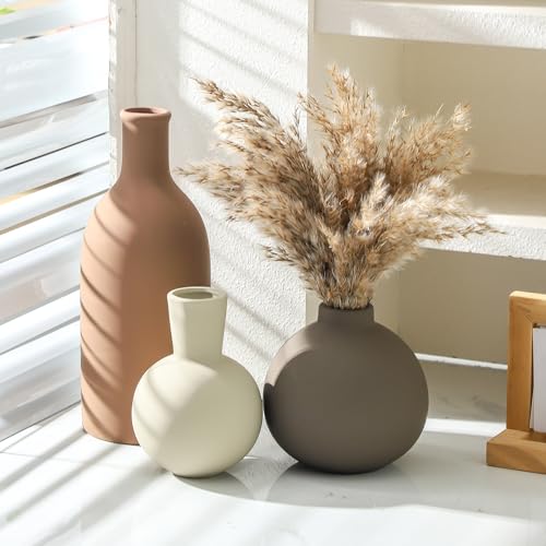 Vase Set of 3 | Ceramic Neutral Vases Home Decor | Rustic Flower Pottery Vases Modern Farmhouse Vase for Table Entryway Mantel Centerpiece Bookshelf Living Room Bathroom Bedroom -Brown Large - color: Brown - Larger