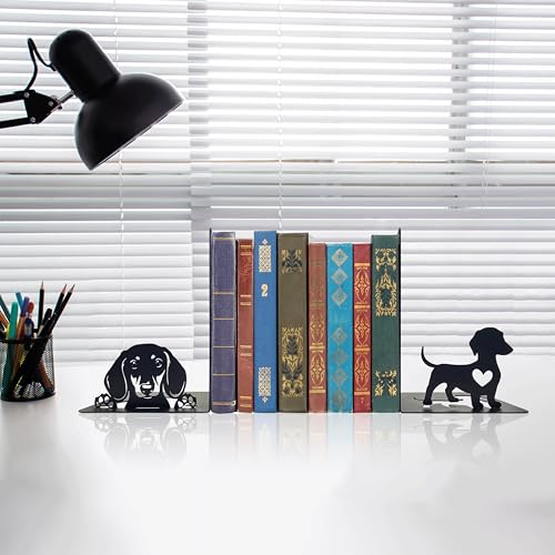 Dachshund Theme Bookends Decor – Dachshund Gifts with Black Modern Bookends, Decorative Bookends for Shelves – Unique Bookends for Kids, Beautiful Book Stopper for Shelves (Dachshund) - color: Dachshund