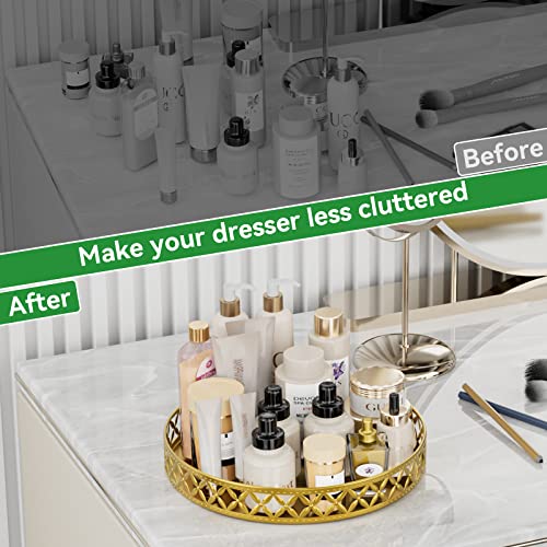 EKNITEY Bathroom Counter Vanity Tray - Perfume Makeup for Dresser Tops Gold Round Serving Candle Decorative Storage Home Decor 11'' Floral-gold - color: Floral-gold