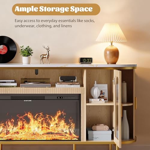 MXV 70" Fluted TV Stand for TVs up to 80", Mid Century Modern Entertainment Center with Sliding Doors & Glass Door, TV Console Table with Faux Marble Top for Living Room, Oak (70IN with Fireplace) - size: 70IN with Fireplace