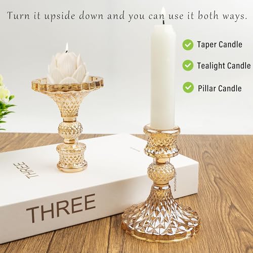 Crystal Glass Candlestick Holder Taper and Pillar Candle Holder Desktop Decoration for Wedding Dinning Party-3 pcs - color: Amber