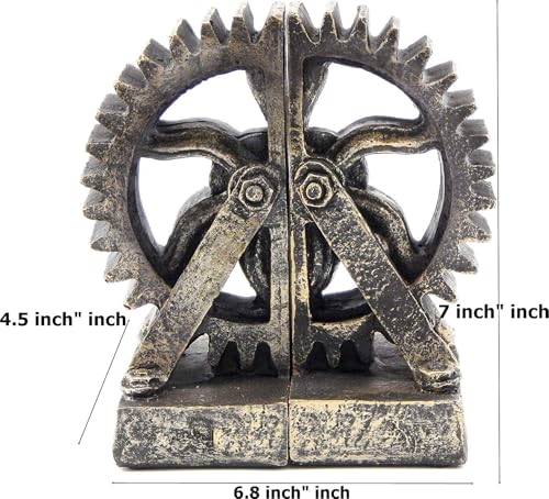 Bellaa 25662 Retro Decorative Bookend Gear Book Ends Industrial Science Rustic Vintage Unique Heavy Steampunk Statues Bookshelves Stopper Support Home Decor Accents - size: 7 inch x 4.5 inch x 3.3 inch