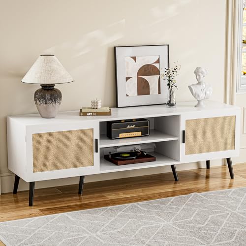 TV Stand for TVs up to 65 Inch, Modern Entertainment Center with Storage, Media Console Table with 2 Cabinets & Shelves, Wooden TV Stand for Living Room Bedroom, White - color: White