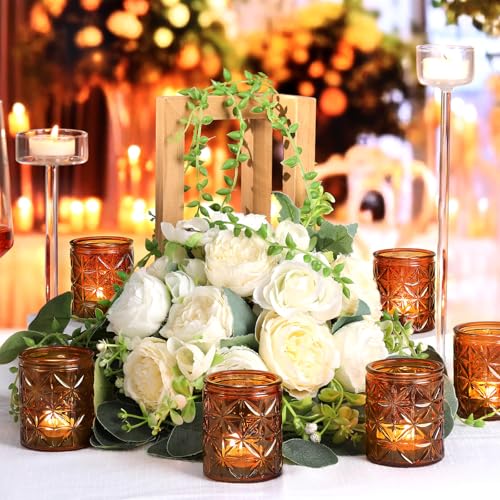 24 Pcs Vintage Amber Votive Candle Holders, Amber Glass Tea Lights Candle Holder for Wedding Table Centerpiece,Vintage Boho Party Home Fall Decor,Thanksgiving and Christmas - color: Amber