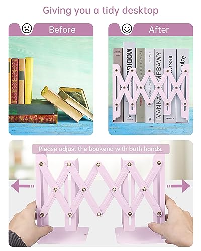 Honagu Adjustable Bookends, Metal Book Ends for Shelves Heavy Book, Desk Magazine File Organizer for Home, Office, Books, Papers, Extends up to 19 inches (Macaron Pink) - color: Macaron Pink