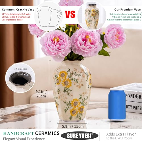 for Mom from Daughter or Son, Hand-Painted Sunflower Vintage Ceramic Octagonal Vase 9.1”, Green Yellow Beige Floral Vase for Bouquet, Mantle, Table Centerpiece, Bookshelf, Office - color: Yellow Sunflower - 003