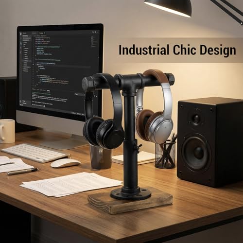 MyGift Industrial Pipe Black Metal T-Bar Jewelry Bracelet & Necklace Adjustable Height Display Stand with Brown Wood Base - color: Black / Brown