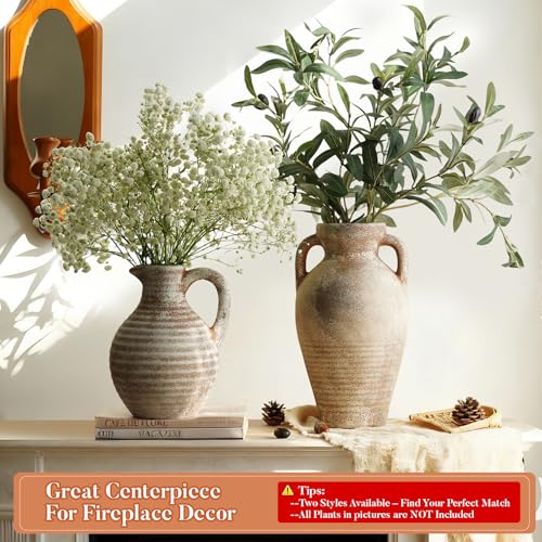 Ceramic Flower Vase Rustic Terracotta Vase with Handles Neutral Clay Pitcher Antique Vase for Home Decor,8 Inch Farmhouse Boho Vases for Living Room,Dining Table,Enterway,Shelf,Fireplace - size: 8''