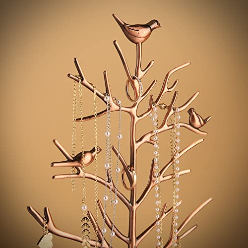MORE&LESS Branch Jewelry Rack with wood tray,Retro color,Tree Tower Rack Hanging Organizer for Ring Earrings Necklace Bracelet,Suitable for living rooms, bathrooms,offices,etc. - color: B Antique Copper-Wood Tray