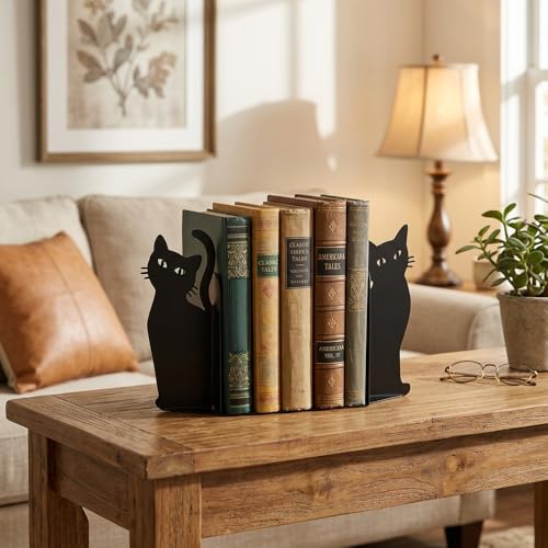 Metal Cat Bookends Set of 2 - Decorative Bookends for Heavy Books with Geometric and Sitting Cat Design, Functional Book Holders for Shelves Desk, Black Matte Office, Home, Library Decor - color: Type-4