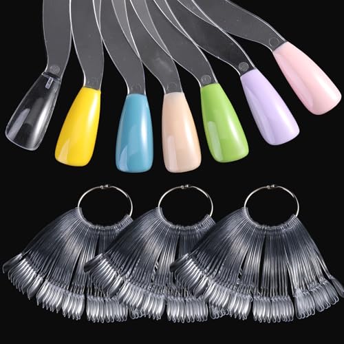 150 Pcs Nail Swatch Sticks with Ring, Clear Coffin Nail Tips for Nail Art Polish Practice Color Display, Acrylic False Nail Sample Sticks Nail tech Supplies for Home or Salon Use - color: Clear Coffin