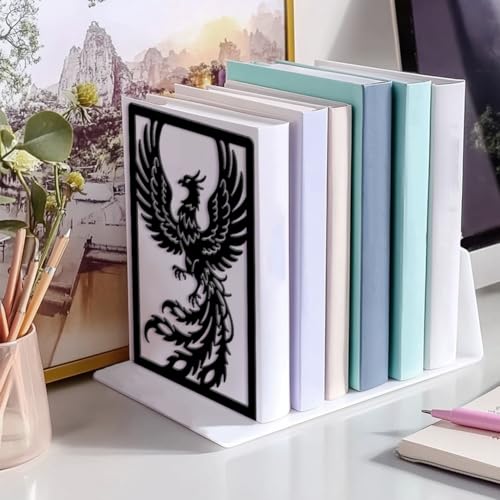 Peacoblue Metal Bookends for Shelves, Modern Decorative Heavy Duty Study Book Ends Stoppers for Office, Desk, Shelf, Room 5.3"x4.3"x7.9" Cast Iron Simple Tall Bookends 1 Pair (Phoenix) - style: Phoenix
