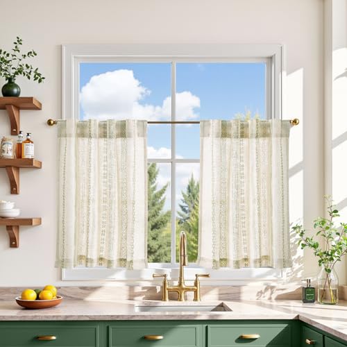 jinchan Boho Kitchen Curtains 24 Inch Linen Tier Curtains with Geometric Pattern Bohemian Cafe Small Light Filtering Window Treatment for Living Room RV Back Tab 2 Panels Green on Linen - color: Liora | Green on Linen, size: 26"W x 24"L (Pack of 2)