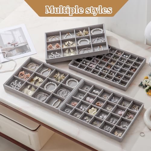 Large Jewelry Drawer Organizer Trays Set of 4, Stackable Velvet Jewelry Trays Organizer Holder Display Storage Showcase for Earring Necklace Bracelet Ring Accessary (Gray, 12+12+24+48 Grids) - color: Gray, size: 12+12+24+48 Grids