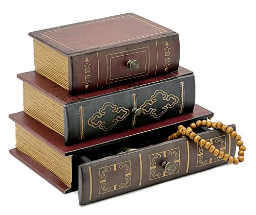 Bellaa 28076 Book Box with Drawers Hidden Storage Trinket Keepsake Decorative Bookends Vintage Antique Flux Leather Wood Organizer Retro Farmhouse Boho Home Decor - style: Vintage