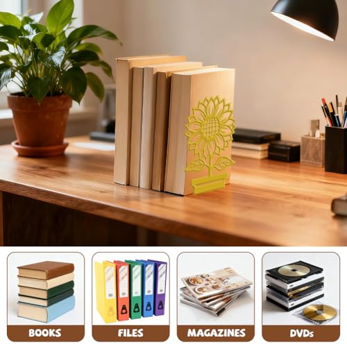 Peacoblue Metal Bookends for Shelves, Modern Decorative Heavy Duty Study Book Ends Stoppers for Office, Desk, Shelf, Room 5.3"x4.3"x7.9" Cast Iron Simple Tall Bookends 1 Pair (Potted Sunflowers) - style: Potted Sunflowers