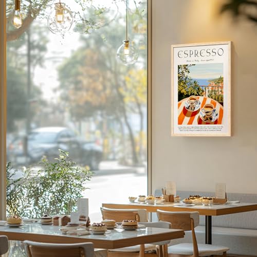 GELDSTEI Coffee Wall Art, Vintage Espresso Wrapped Canvas Print, Italian Coffee Poster Print, Cafe Bar Decoration, Retro Italian Cafe Wall Decor for Kitchen Dining Room Wood Framed 16x24 Inch - color: Orange(Wood), size: 24"L x 16"W