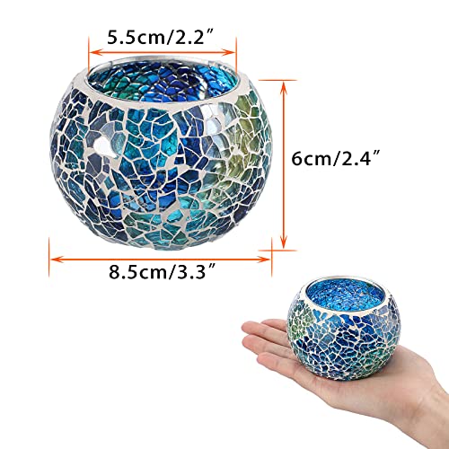 OwnMy Set of 3 Blue Mosaic Glass Tea Light Holders Round Bowl Votive Candle Holders Pillar Candle Stands, Glass Mosaic Tealight Holders Potted Plant Bowl Vase Candle Centerpiece for Table Wedding - color: Blue