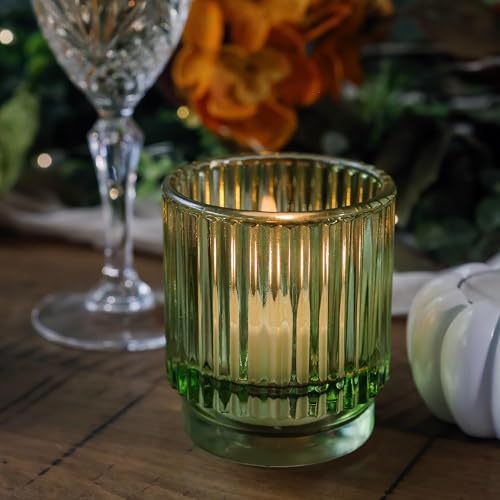 Kate Aspen Vintage Ribbed Glass Candle Holder Decor, Green Votive Candle Holders for Holiday Table Decor, Tealight Candles Holder Glass (Set of 6), Dinning & Christmas Table Decoration Tablescape - color: Green