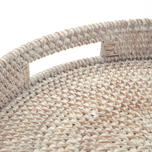 14" Round Rattan Tray, Hand Woven Serving Tray with Handles, Wicker Serving Basket, Decorative Tray for Home Decor, Whitewash - color: Whitewash, size: 14"