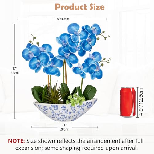 Briful Blue Orchid Fake Flowers 17in Artificial Orchid Silk Flowers in Blue and White Vase Faux Orchid Arrangement for Home Office Bathroom Table Shelf Modern Decoration - color: Blue and White Porcelain Vase