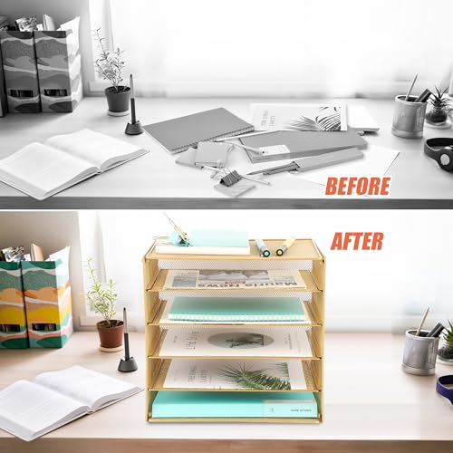 EASEPRES 5 Slot Mesh Desk Organizer Tray, File Paper Letter Folder Holder Desktop Paper Sorter Mail Organization Rack Storage Accessories, for Office Home School Classroom, Gold - color: 5 Tier Gold