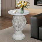 White Lion Head Sculptural Side Table with Faux Marble Top, 19.68" Round Resin Animal End Table, 25.59" H Majestic Accent Table for Living Room & Entryway, Regal Housewarming Gift - color: White Lion