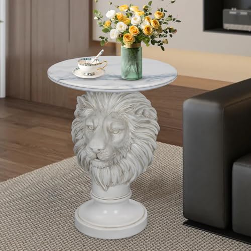 White Lion Head Sculptural Side Table with Faux Marble Top, 19.68" Round Resin Animal End Table, 25.59" H Majestic Accent Table for Living Room & Entryway, Regal Housewarming Gift - color: White Lion