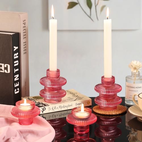 Pink Candlestick Holders Set of 10, Pink Glass Candle Holders for Pillar Candles, Taper Candle and Tealight Candles, Taper Candle Holders for Wedding, Table Centerpiece - color: Pink