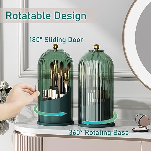 GAXmi Makeup Brush Holder with Lid Cosmetic Tools Organizer 360 Rotating Waterproof Dustproof Beauty Brushes Storage for Vanity, All Green | with Lid, 360 Rotating, Waterproof, Dustproof, for Vanity - color: Green